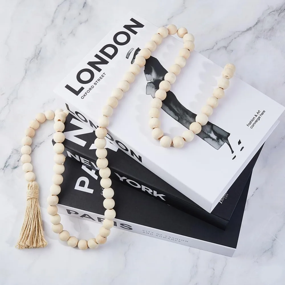 3Pcs Decorative Books for Home Decor Coffee Table Books Faux Book for Decoration Stacked Book with 1Pc Wood Beaded Pendant