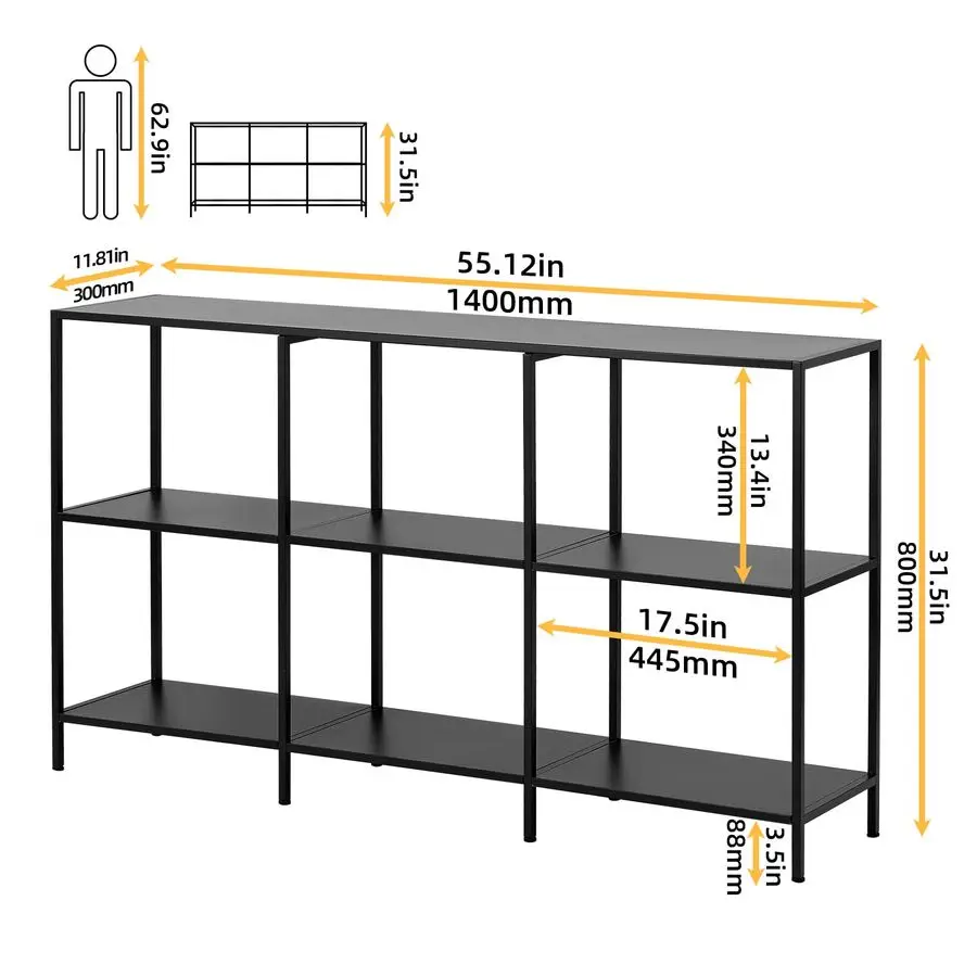 طاولة وحدة تحكم معدنية من 3 طبقات مقاس 55 بوصة مع 6 وحدات تخزين، وطاولة أريكة خلف الأريكة، ورف طويل ضيق مع مساحة تخزين للمدخل، Narr #2