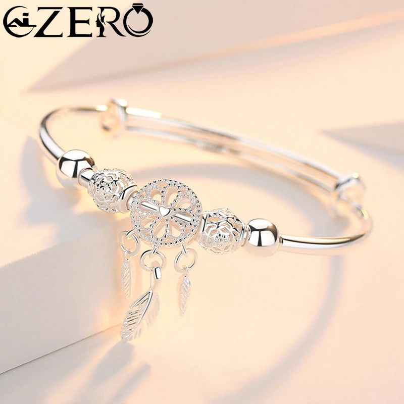 925 Sterling Silver Dreamcatcher Tassel Feather Lucky Bead Bracelet Bangle for Women Fashion Original Party Wedding Jewelry Gift