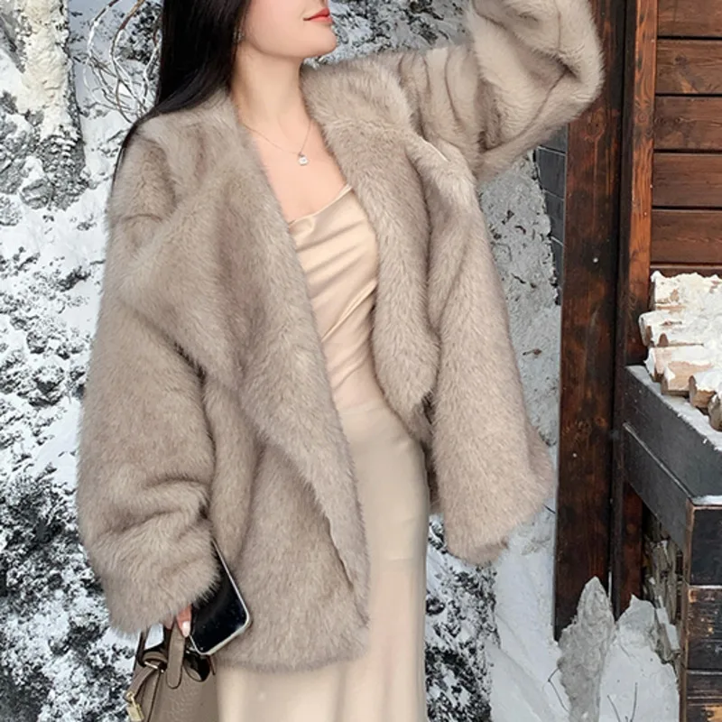 [EWQ] Temperamento femminile cappotto di pelliccia sintetica manica lunga grande risvolto donna inverno tenere al caldo cappotti spessi 2024 nuova moda 16O3309