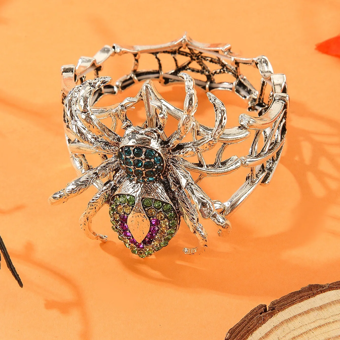 Halloween Dark Spider Bangle Inlaid Crystal Elastic Wristband Punk Party Jewelry for Women