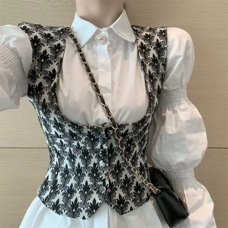 Women's Summer 2024 New Retro Spliced Polo Shirt Button Fashion Solid Lantern Sleeve Shirt Printed Vest Versatile Casual Suit