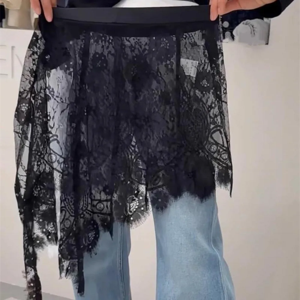

New Embroidered Lace Skirt See Through Y2K Streetwear Hollow Out Skirt Lace-up Design High Waist Layering Skirt Jeans Decoration