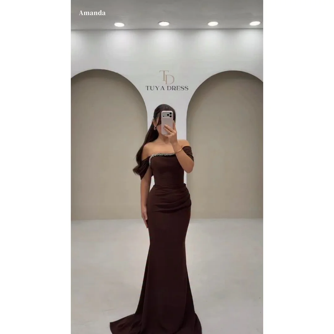 Amanda Customized Deep Brown Off-Shoulder Rhinestone Trim Prom Dress Mermaid Train Formal Evening Gown Elegant vestidos de noche