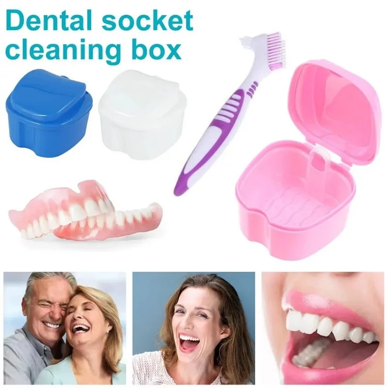 Denture Bath Box Organizer Dental False Teeth Storage Box with Hanging Net Container Cleaning Teeth Cases Artificial Tooth Boxes