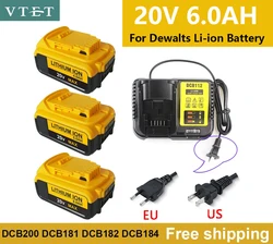 New 20V 6.0Ah MAX XR 18650 Battery Power Tool Replacement for DeWalt DCB184 DCB181 DCB182 DCB200 20V 6A 18v Battery with Charger