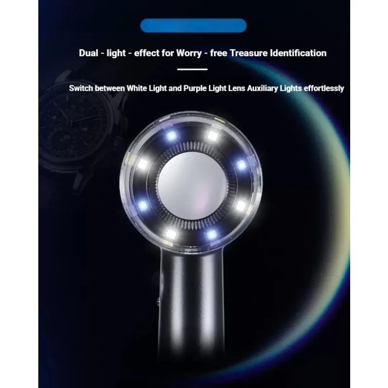 Professional Magnifying Glass for Jewelry Identification Elderly Reading USB Rechargeable 3 Light Modes Handheld Loupes