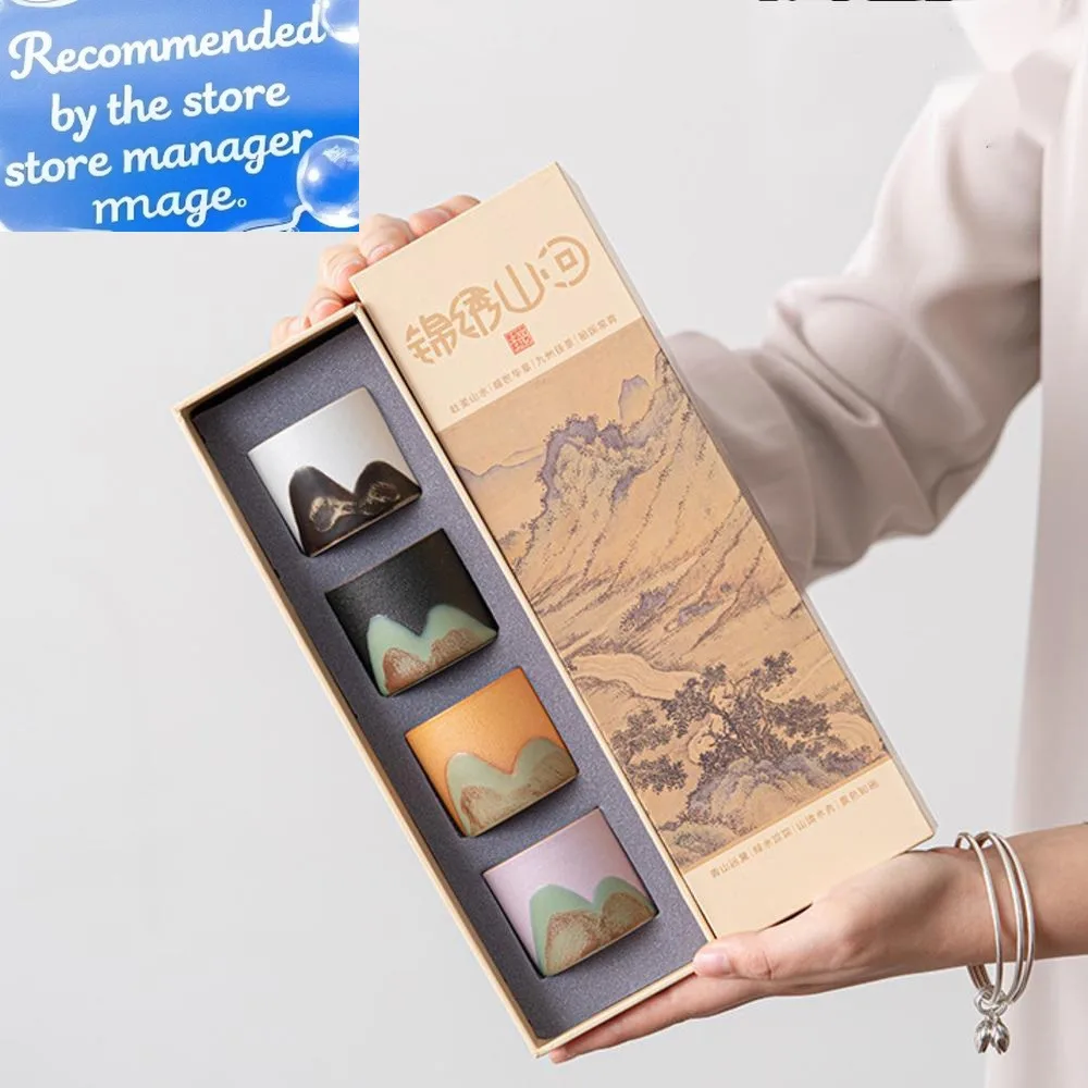 

4pc/set Handdrawn Mountain Tea Cup Japanese Coarse Pottery Master Cup Meditation Cup Chazhan Set of Cups Water Jug Gift Box Set