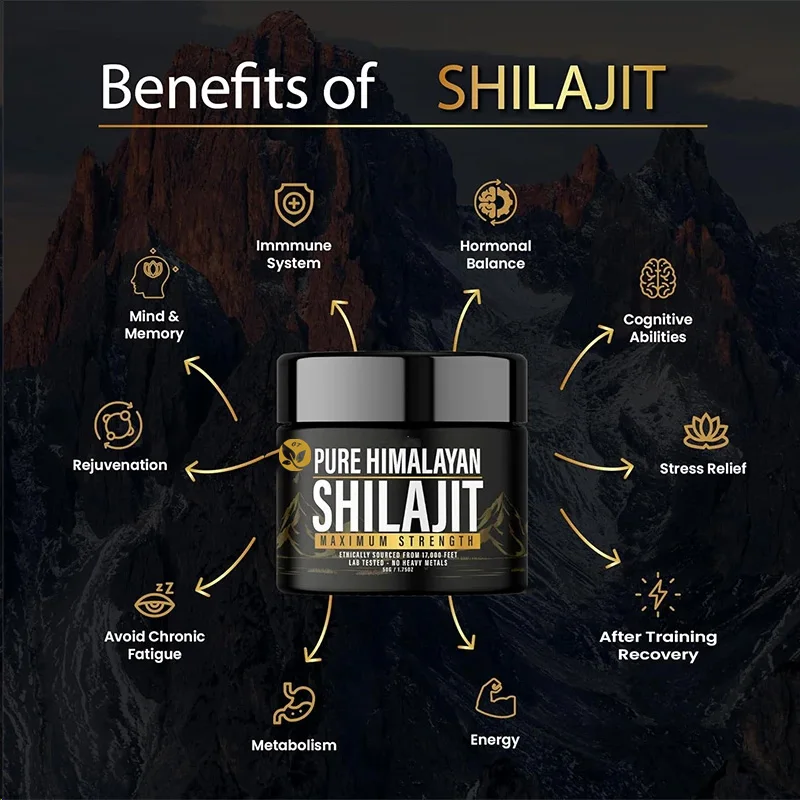 Shilajit 순수 히말라야 유기농 송진, 천연 정통 실험실 테스트 포뮬러, 남녀공용, 600mg 강도, 85 + 트레이스 포함