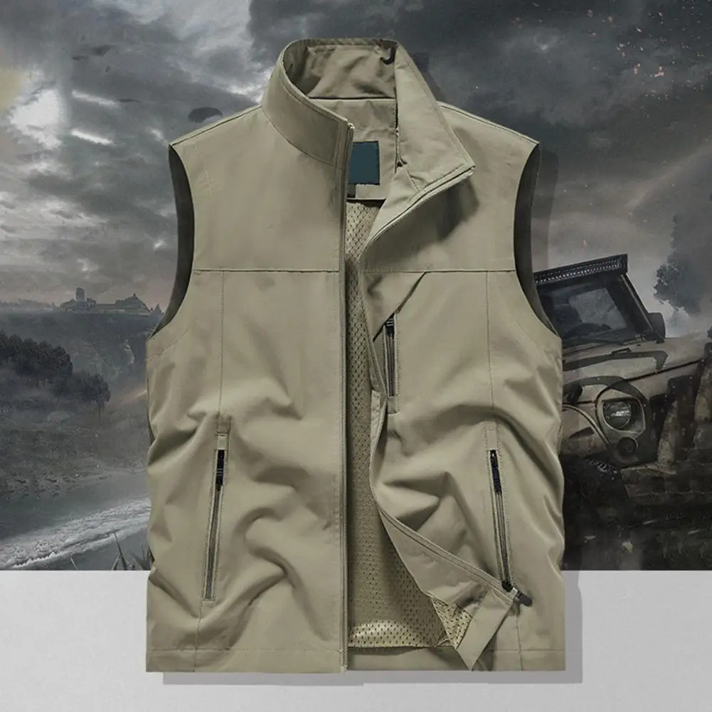صدرية رجالية مع جيوب، سترة رجالية بياقة واقفة وسحاب مع جيوب، صدرية صيد خارجية بلون سادة للرجال النشطين