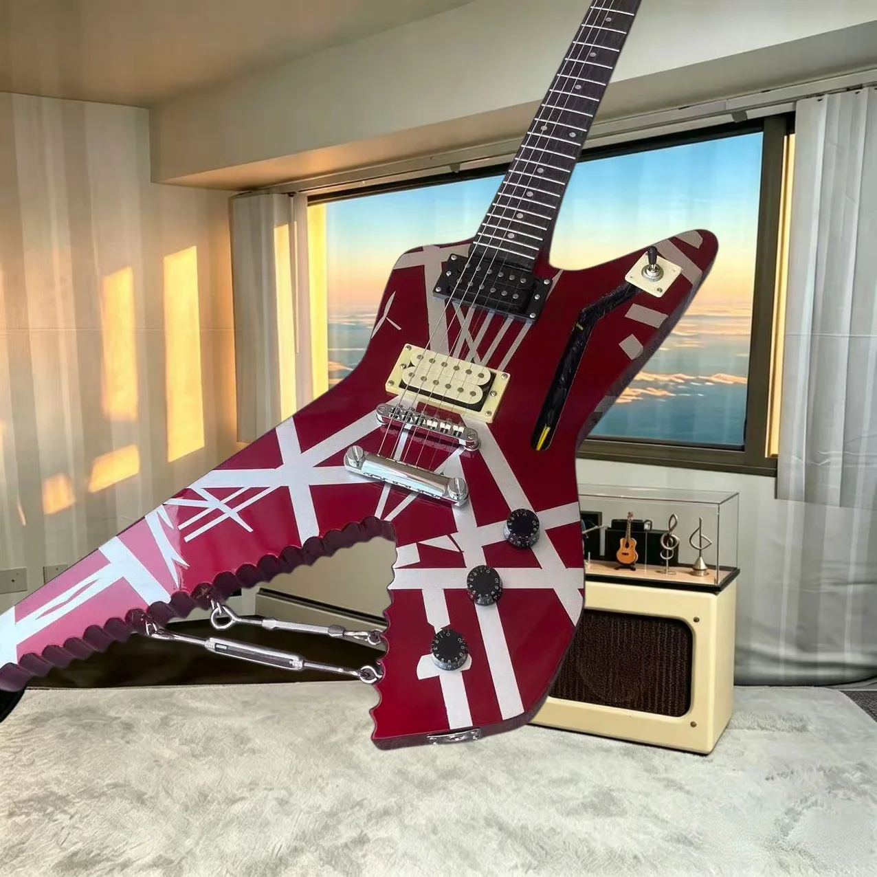 Axe‑Saw‑Blade Custom Electric Guitar, Red‑Base White‑Stripe Finish HH Pickups, Unique Heavy‑Metal Hard‑Rock Stage Guitar view 2