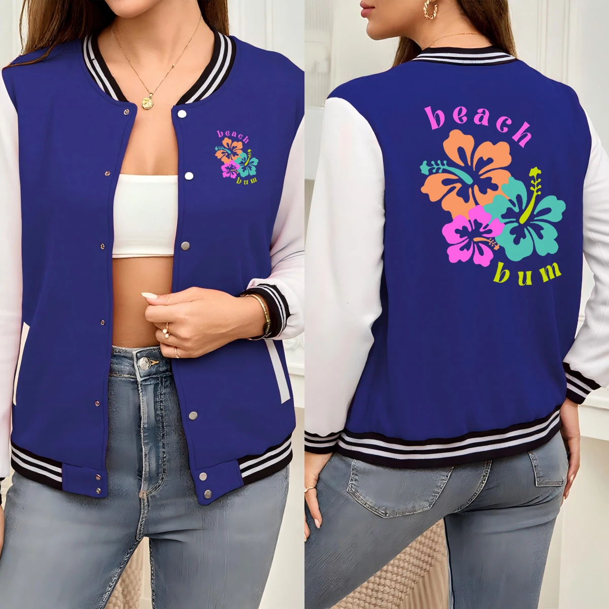 

Beach Bum Colorful Flowers Print Jackets Women Autumn Casual Veste Hip Hop Loose Baseball Jersey New Fashion Comfortable Jacket