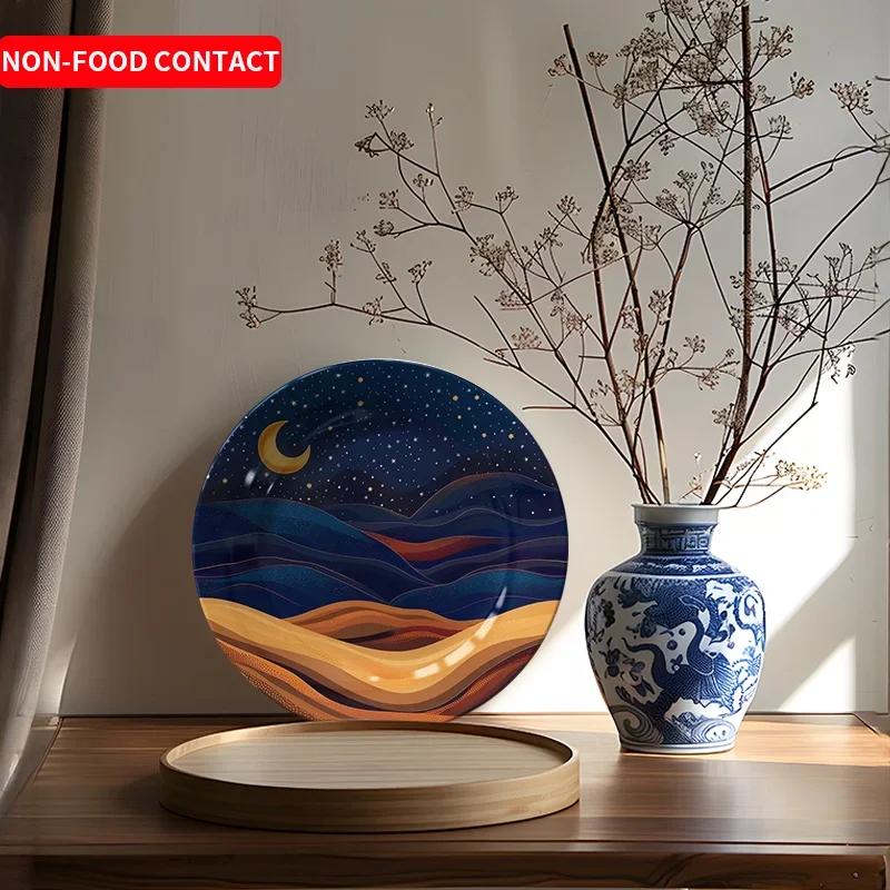 1pc Exquisite Ceramic Decorative Plate Desert Starry Crescent Moon Pattern Home Wall Art Ornament Non-Food Contact Style for