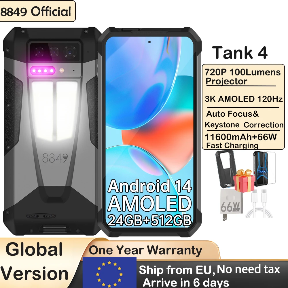 8849 Tank 4 Unihertz Rugged Smartphone With Projector 720P 100 Lumen 6.78'' AMOLED 512G 11600mAh Android14 Dimensity 7300 120Hz
