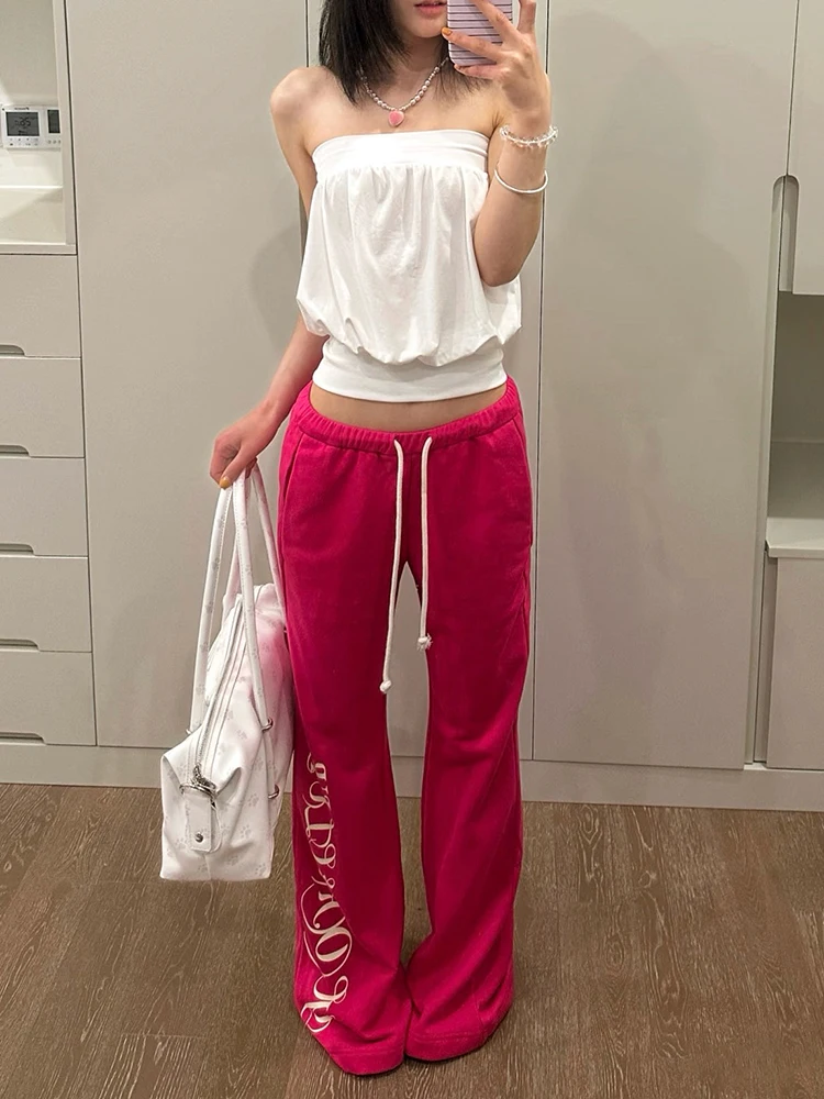 Kliou Casual Fashion 2 Piece Set Woman Wrap Chest Backless Puffy Tank Tops+Letter Print Drawstring Long Pants Comfortable Suits