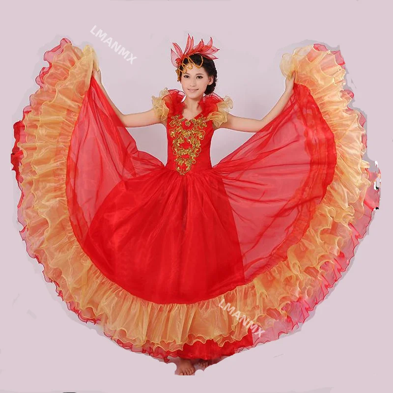 360 Degree Stage Performance Spanish Bullfight Belly Dance Dress for Women Long Robe Flamenco Fille Red Falda Flamenco Dresses