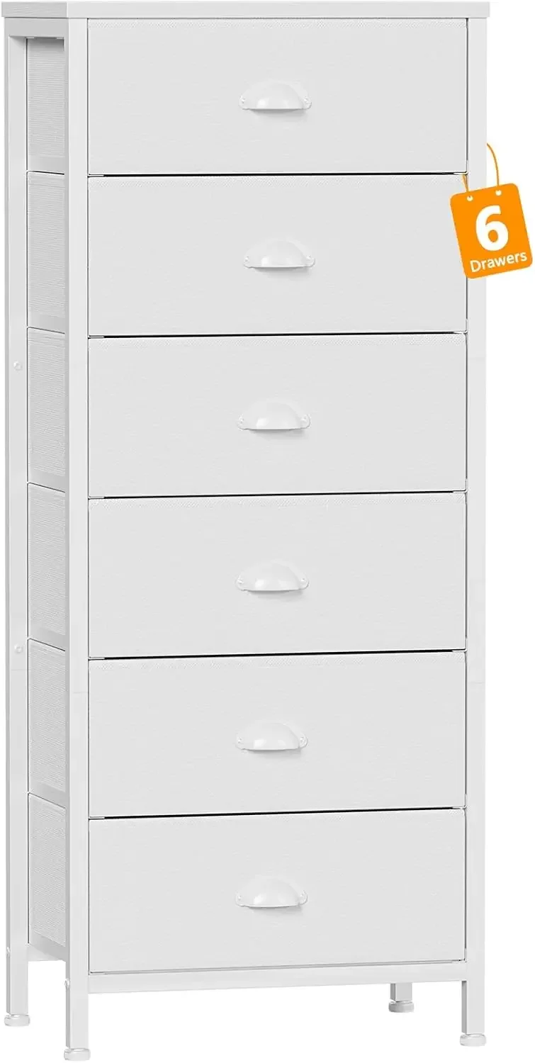 White Tall Dresser for Bedroom,Vertical Storage Tower Unit and End Table with 6 Drawers, Nightstand Furniture with Fabric