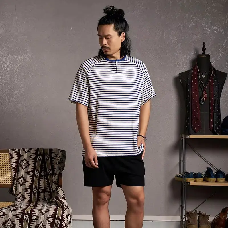 

American Retro Sailor Shirt Men's Henley Collar Raglan Striped Short-Sleeved T-Shirt Summer Niche Design Curled T-Shirt