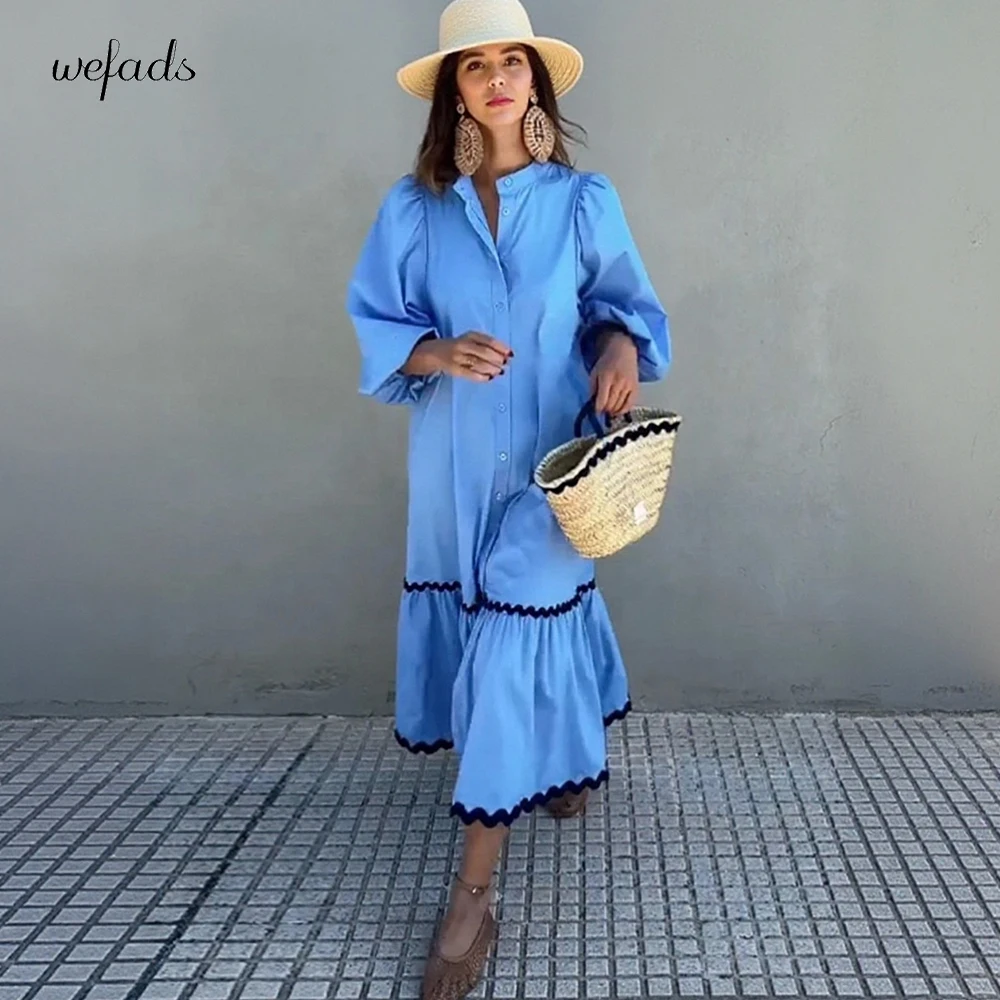 

Wefads Spring Summer Women's New Solid Color Stand-up Collar Loose Fashion Flare Sleeves Long Sleeved Dress 2025 New