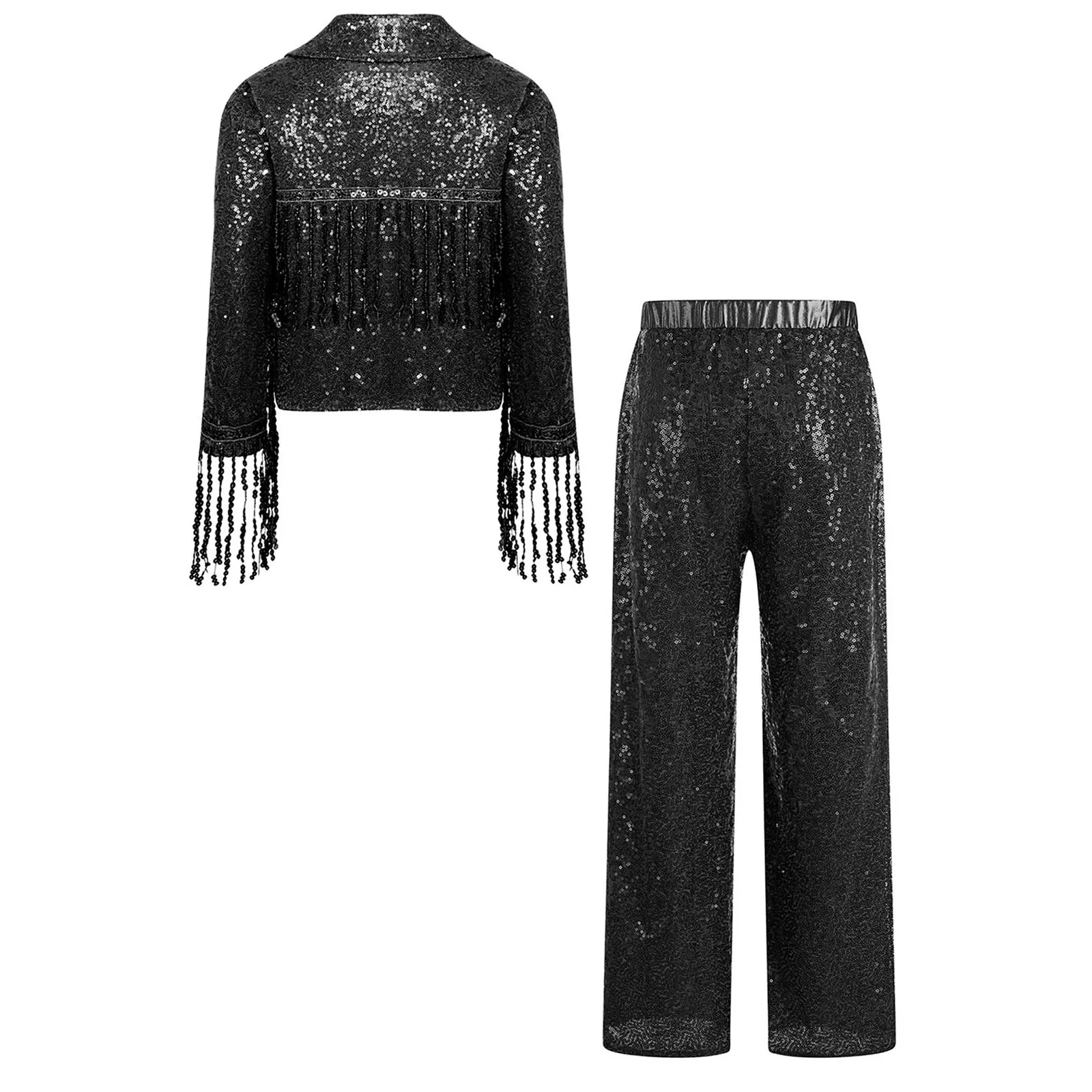 Kids Girls Sequins Jazz Dance Performance Costume Streetwear Long Sleeve Open Front Sparkly Sequin Tassel Jacket Coat with Pants