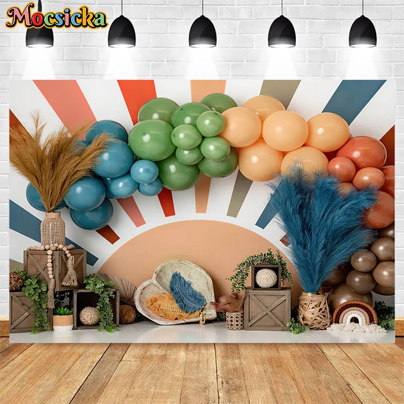 

Boho Style Colorful Balloons Photography Backdrop Spring Green Plants Reeds Decor Bohemian Rainbow Newborn Cake Smash Background