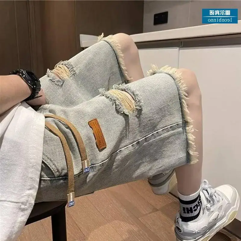 

Summer Large Size Men's Vintage High Street Waed Ripped Denim orts with Frayed Hem Classic Straight Fit Casual Trousers