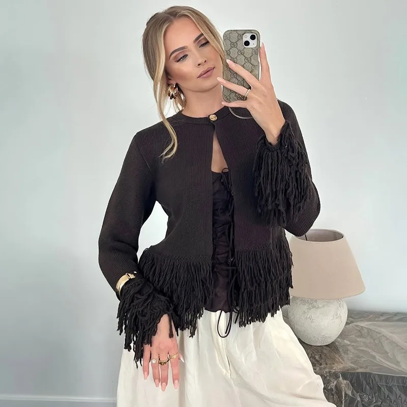 Ticketsx Vintage Tassel Knit Sweater Solid Women Button Patchwork Slim Short Cardigan Fashion New Female Casual Sweater Cardigan