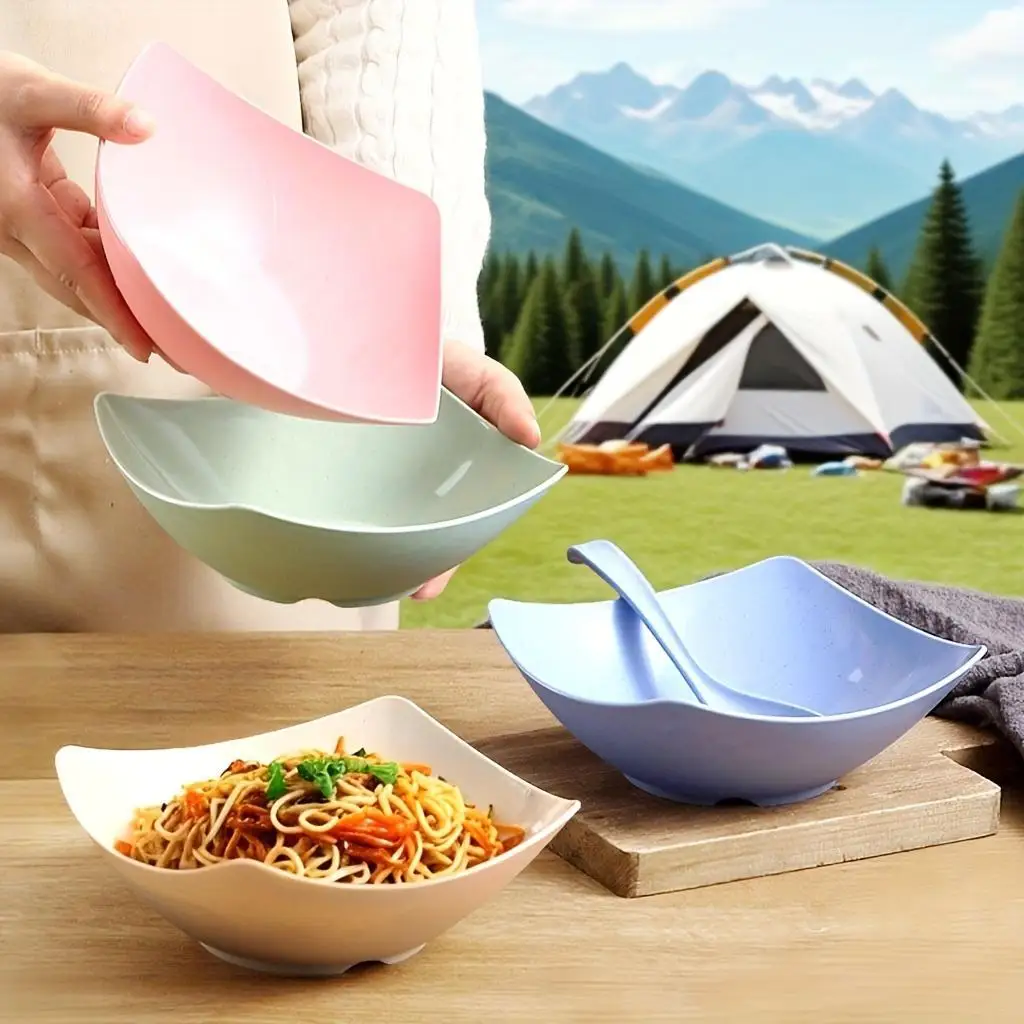 4Pcs Plastic Soup Bowls Set, Square Salad Plates for Home Use, Western Cuisine, Noodles & Stir-Fry Dishes, Durable Kitchenware