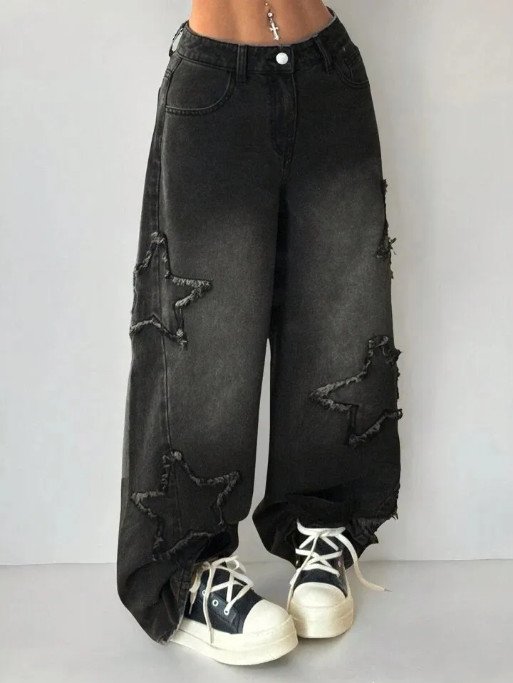 

Spring Women's Clothing High Waist Baggy Jeans Streetwear For Woman Denim Star Embroidered Loose Straight Leg Casual Pants