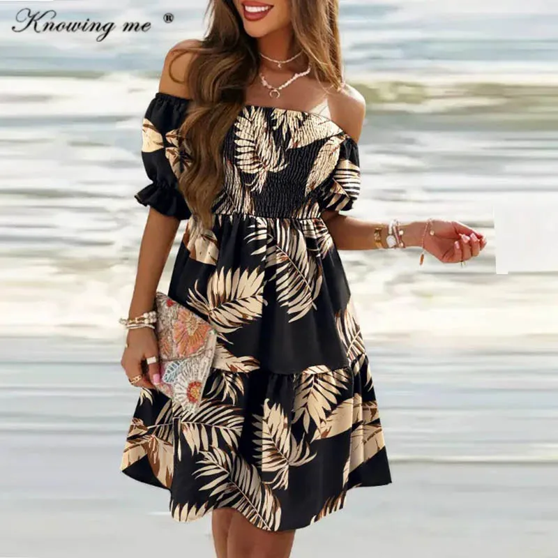 

Leaf printed beach dress women Summer Puff Sleeve Slash Neck mini dress Elegant sexy off shoulder Chest Wrapping boho dress