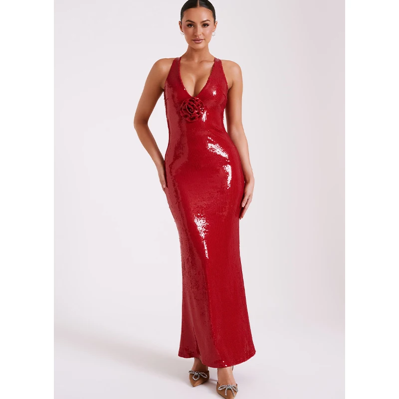 Frauen schwarz V-Ausschnitt ärmellose 3d Blume lange Weihnachts abend Party Diamante Bodycon Kleider rote Rose Pailletten Maxi kleid