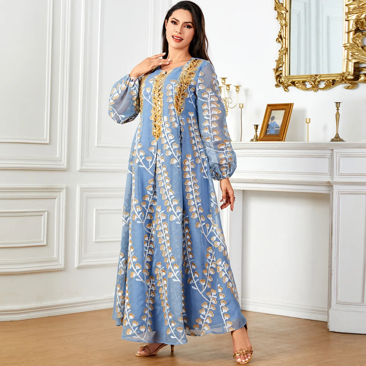 

European American Muslim Women's Sequins Embroidered Elegant Luxury Loose Long Sleeve Ankle Length Dresses Female Clothes Abaya