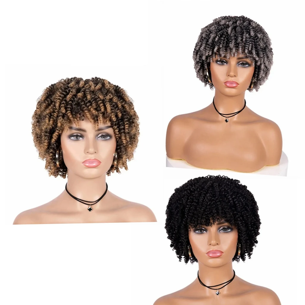 Peruki afro syntetyczne peruki z krótkimi kręconymi włosami dla kobiet, 8/6 cali krótkie peruki z kręconymi włosami z grzywką naturalny Cosplay