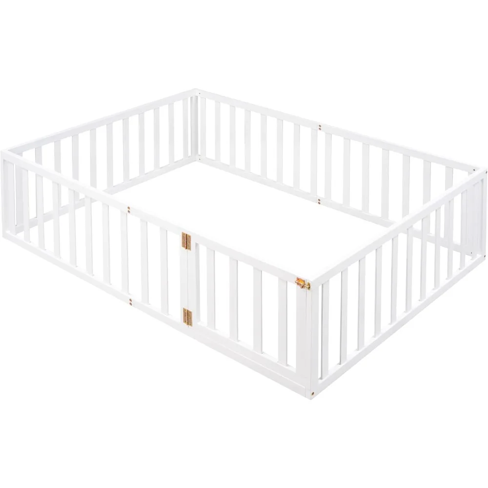 Estrutura de cama de chão branca de tamanho completo para crianças, cama montessori com guarda-rails e porta em forma de cerca, cama de piso de madeira, cama de tamanho completo