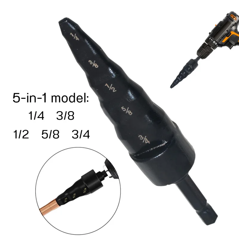 Tube Swaging Tool 5-in-1 Expander Drill Bit with Hex Shank for 3/4 5/8 1/2 3/8 and 1/4 Copper Pipe, a Must-Have for Air Cond