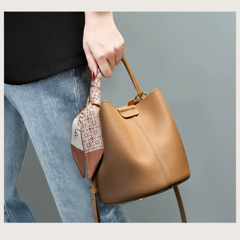 New Top Layer Cowhide Bucket Bag Women Premium Leather Crossbody Tote Fashionable Genuine Handbag Multi-Color Options