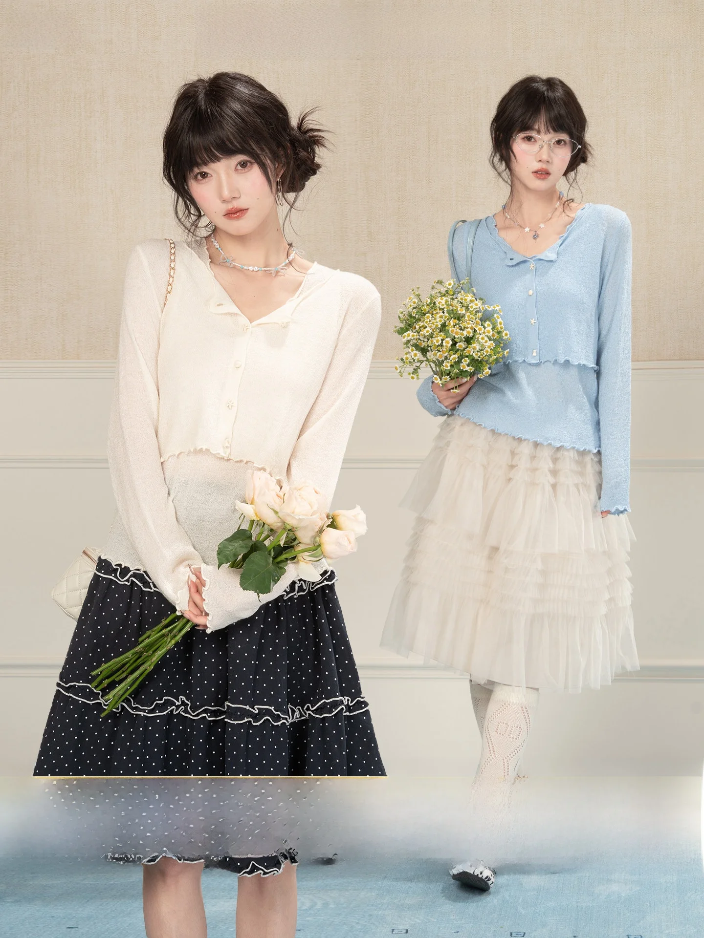 

Heynew Blue round Ne ell Button ort Cardigan Vest Knitted Two-Piece Set Women's Spring High-End Feeling Top