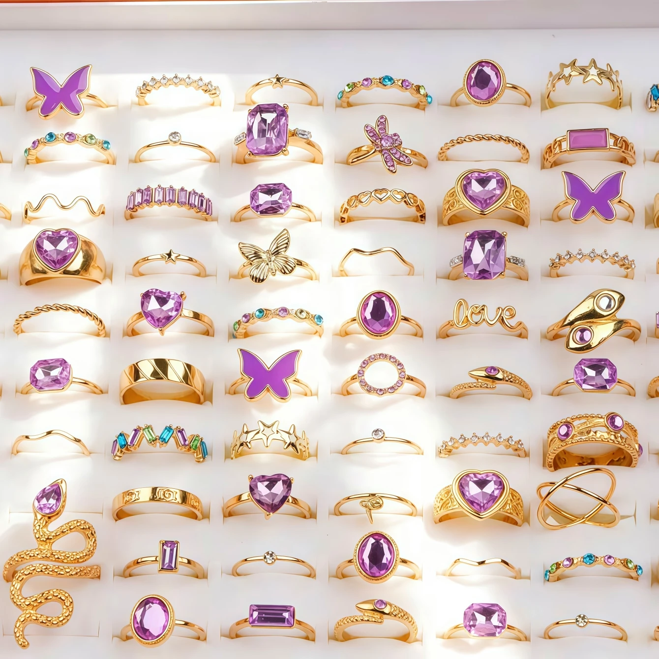 6/8/12/24Pieces Fashion Heart Love Snake Butterfly Spakling Purple Rings Set For Women Mix Style Trendy Jewelry Party Gifts