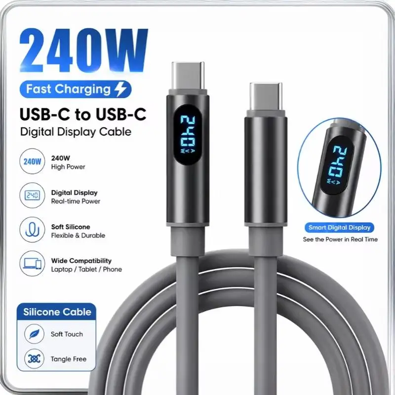 1Pcs 240W Fast Charge USB C to USB C Cable LED Digital Display 480Mbps Data Cord for Type C Phones Tablets Laptops