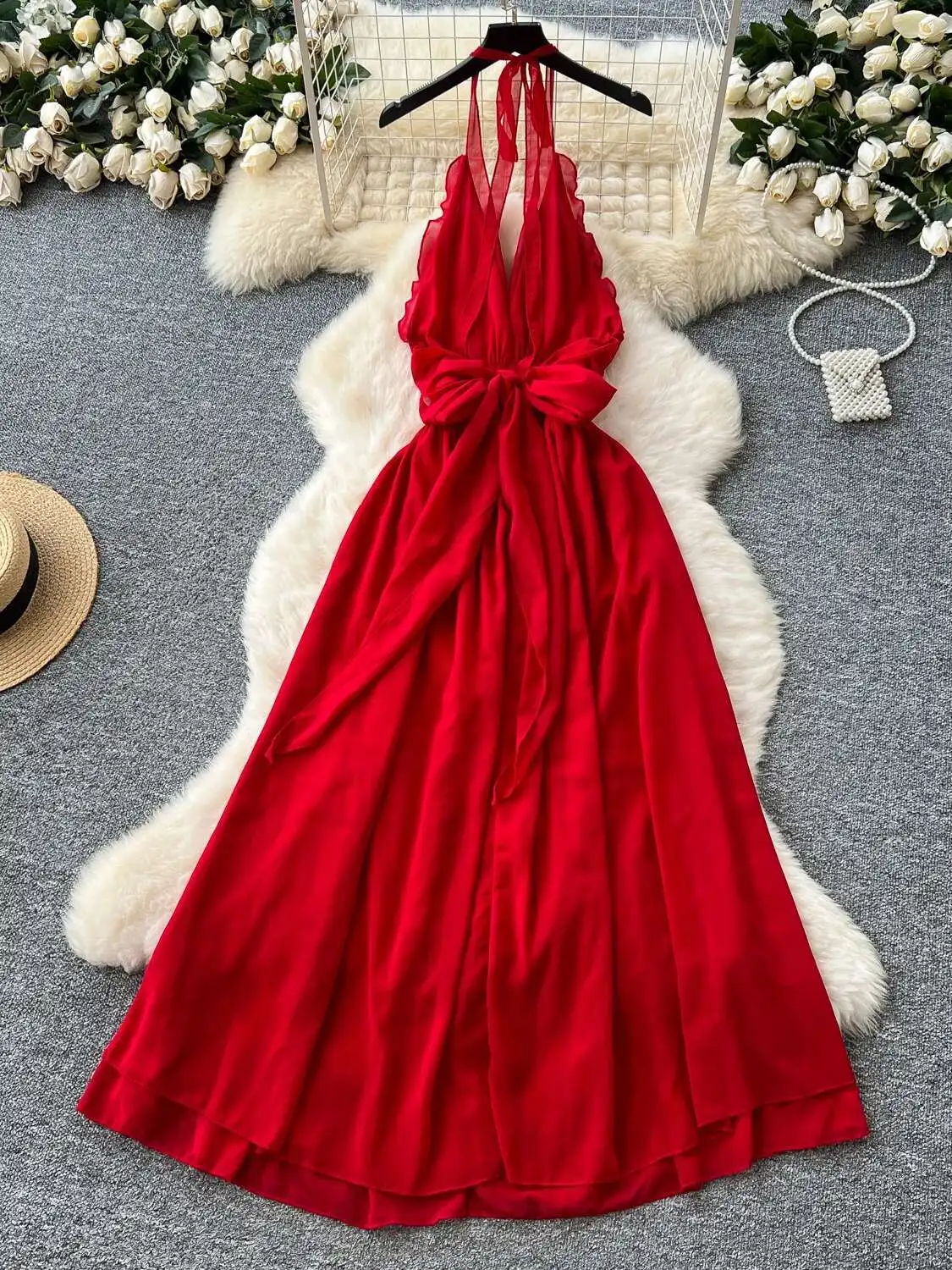 Frauen Sexy Chiffon Kleid Sommer V-ausschnitt Hängenden Hals Backless Split Strand Kleider Damen Schlank A-line Vintage Boho Lange Robe