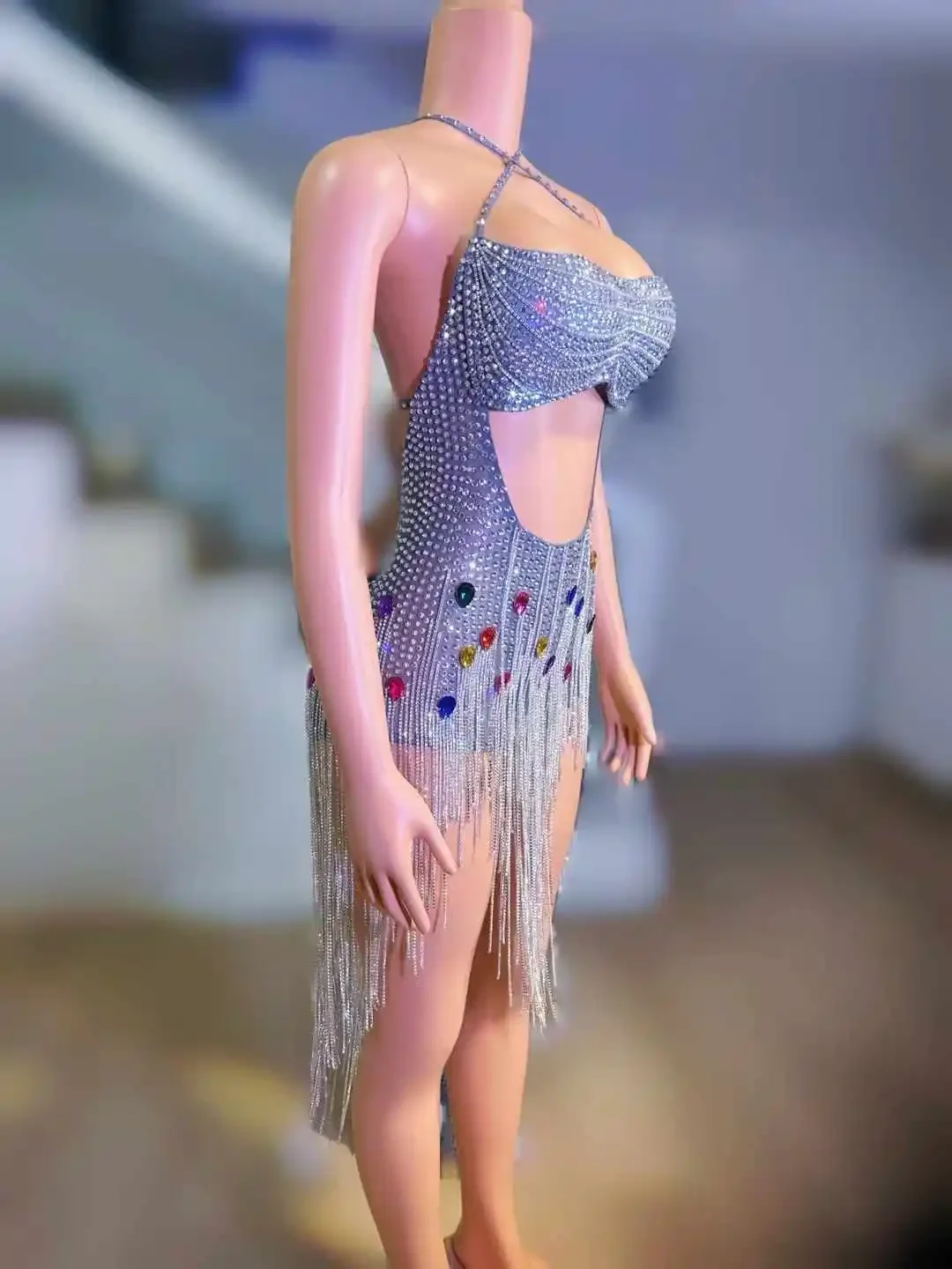 Glitter Sexy Backless Full Rhinestone Drill Chain Romper For Women Luxury Crystals Sleeveless Dressy Drag Queen Birthday Costume