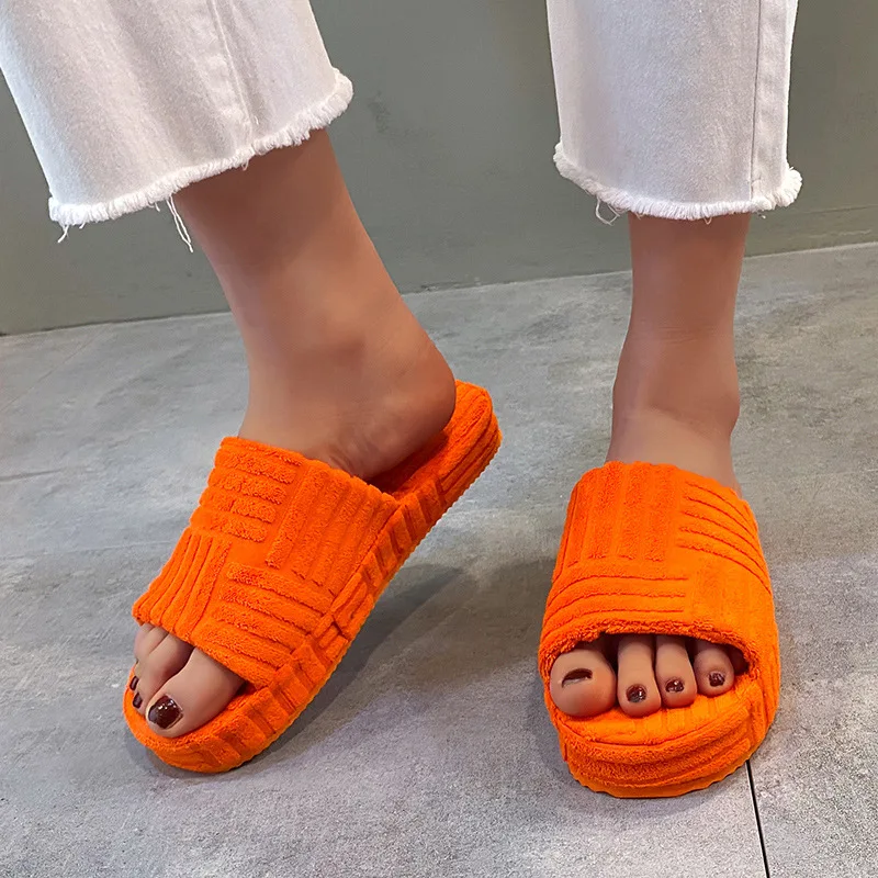 2022 women new home slippers one-word thick-soled warm furry women shoes embossed cotton drag outdoor all-match casual slippers