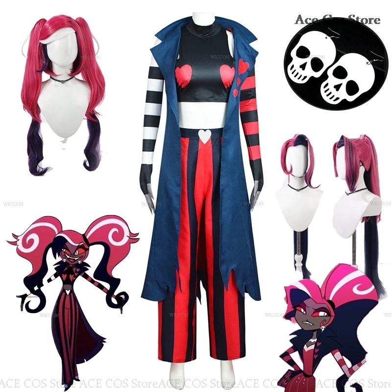 Hazbin Velvette Cosplay Outfit Costume pour femme, perruque et boucle d'oreille, 3V Vees, VVV, Halloween Party, Demon Carnaval, Anime Clothes