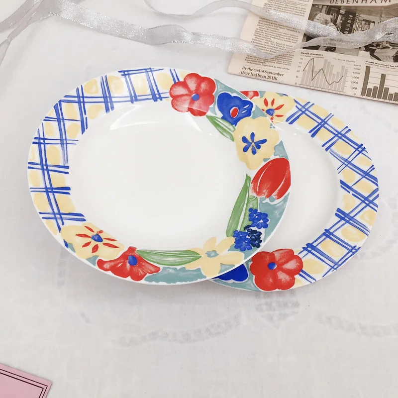 Korean Ins Retro Hand-painted Oil Painting Checkered Ceramic Soup Plate Western Food Plate Household  Cake Steak Dessert Plate