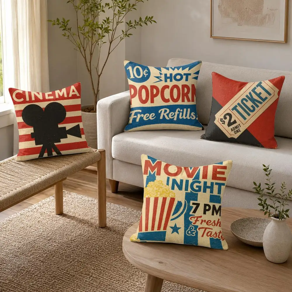 Vintage Cinema Night Cushion Cover Organic Linen Throw Pillow Cover - Double-Sided Print Breathable Cushion Case Home Decor