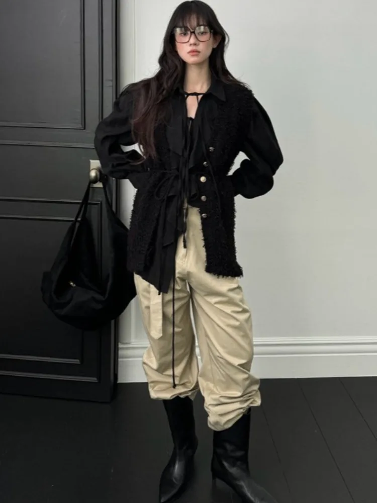 نموذج Ele Bla النسائي irt Faionable Textured Sensation Bubble Sve طويل Sve رفيع لأوائل الخريف #5