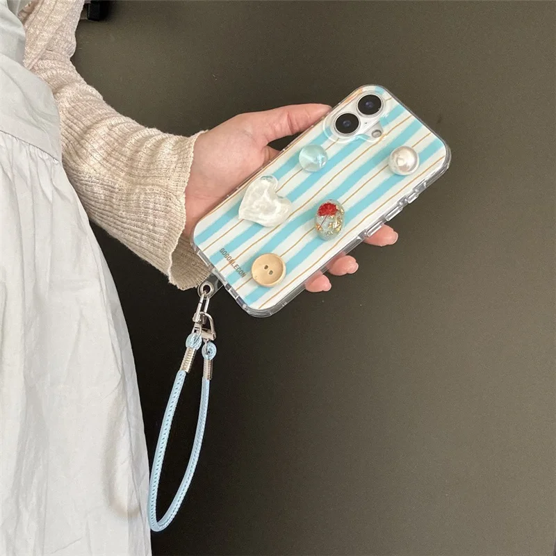 

Fashion Blue Stripe 3D Love Phone Case For iPhone 16 Pro 14 13 15 Pro Max Cover with Hand Rope Strap Cute Cases