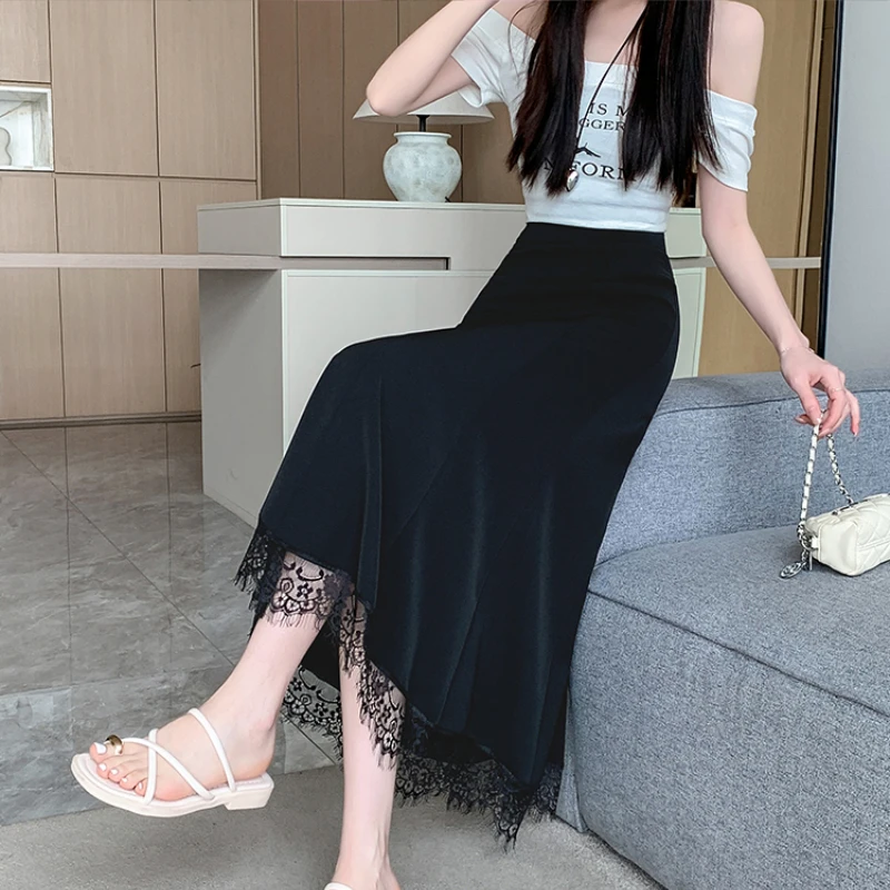 2025 Spring Summer Lace Spliced Midi Skirt High Waist A-Line Women Clothing Elegant Slim Long Skirts for Women Sexy Black Skirt