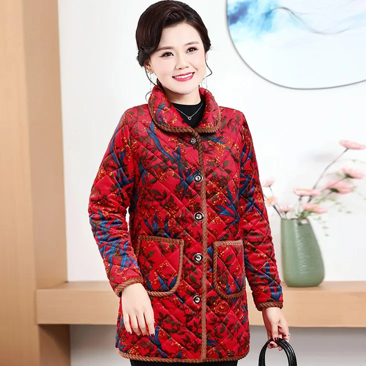 

Winter Printed gold velvet is soft Padded Jacket Women's InnerMother's Wear Velvet Middle-Aged Elderly Mom Wear Pocket Jacket