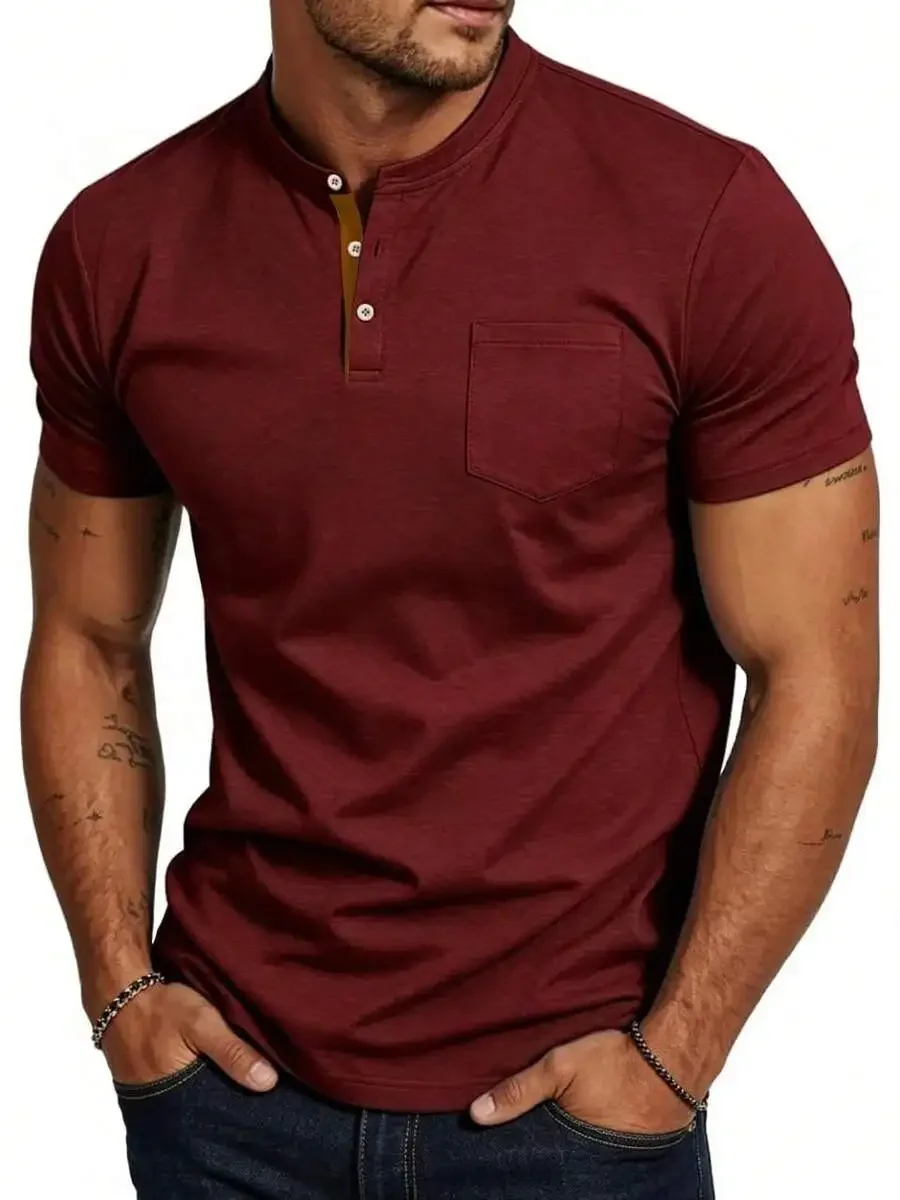 

Mens Short Sleeve Henley Shirt With Chest Pocket Casual Summer Top